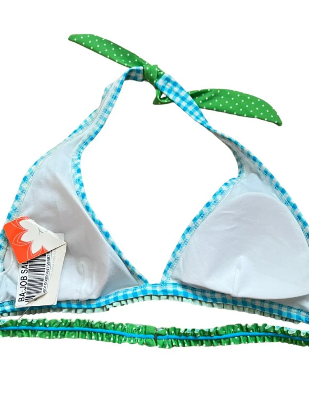Hula Honey swimsuit top halter triangle blue white gingham plaid Large bikini